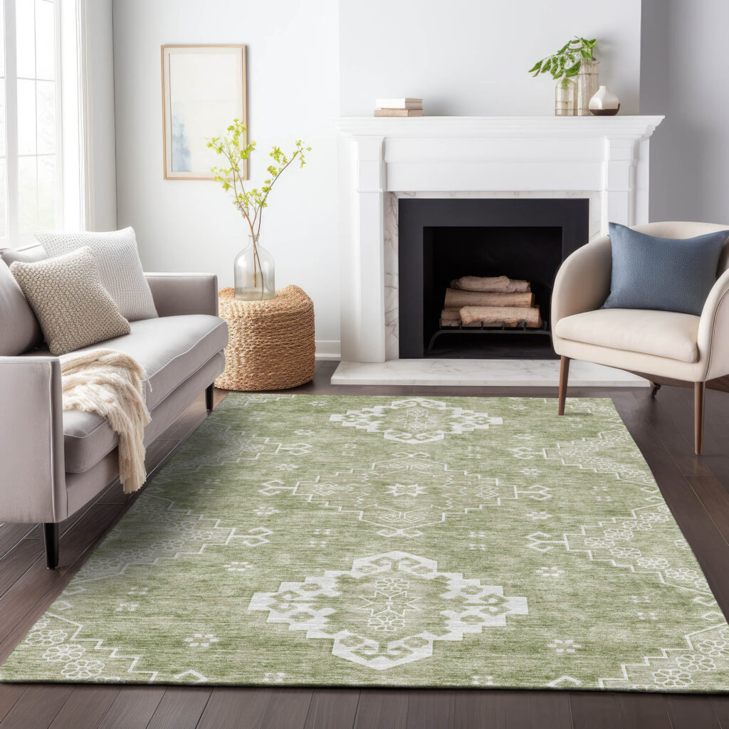10' X 14' Artichoke Green Beige And Ivory Medallion Washable Indoor Outdoor Area Rug