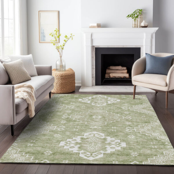 10' X 14' Artichoke Green Beige And Ivory Medallion Washable Indoor Outdoor Area Rug