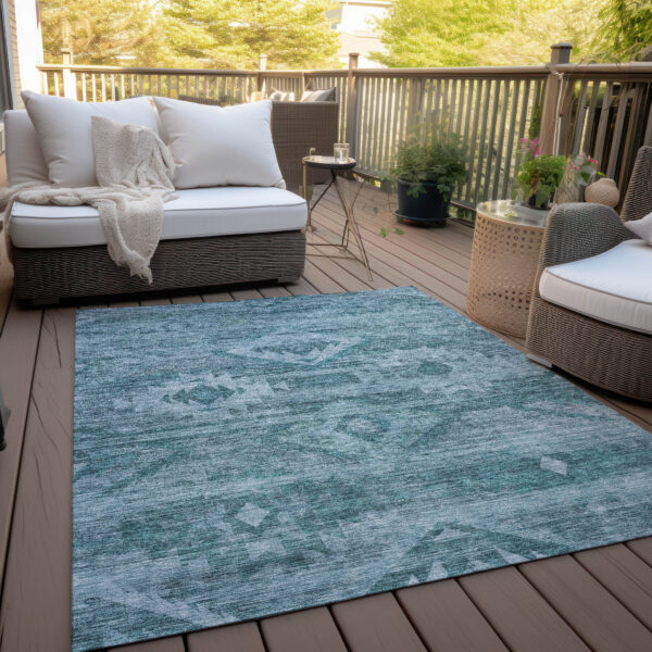 8' X 10' Teal Blue And Aqua Southwestern Washable Indoor Outdoor Area Rug