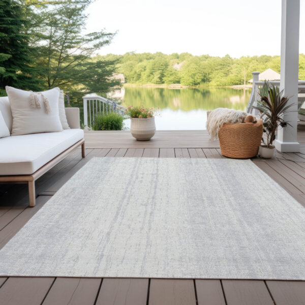 8' X 10' Silver And Ivory Striped Washable Indoor Outdoor Area Rug