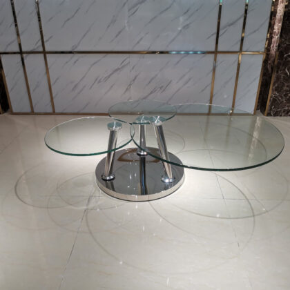 32" Clear And Silver Glass And Metal Round Floor Shelf Coffee Table