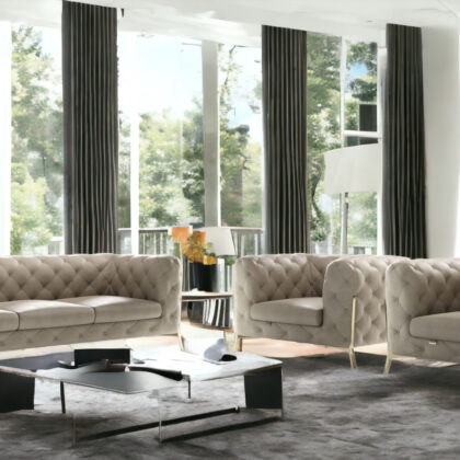 Three Piece Indoor Beige Italian Leather Five Person Seating Set