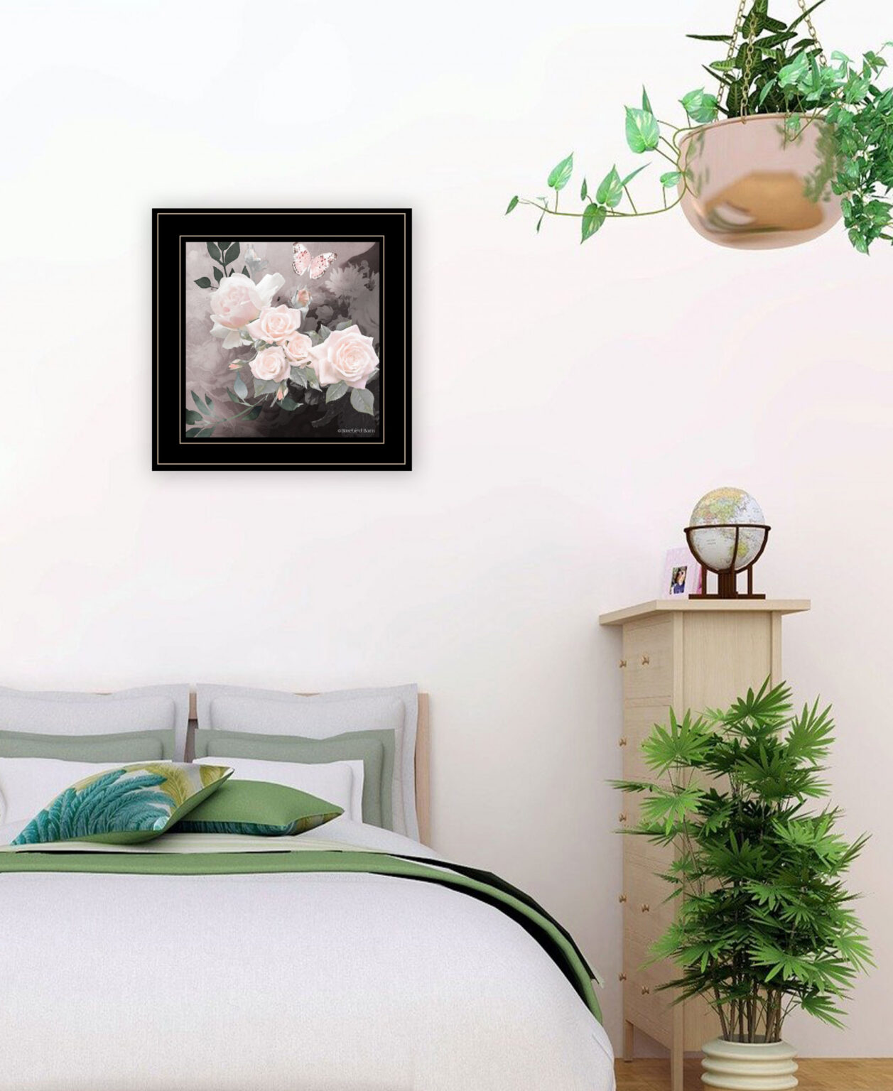 Pink Roses and Butterfly Black Double Rim Framed Print Wall Art