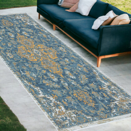 2' X 8' Blue and Ivory Medallion Stain Resistant Indoor Outdoor Runner Rug