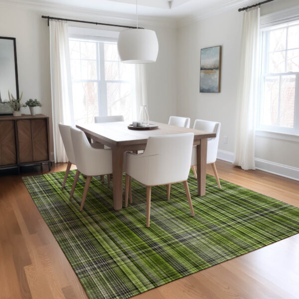 10' X 14' Green Plaid Washable Non Skid Indoor Outdoor Area Rug