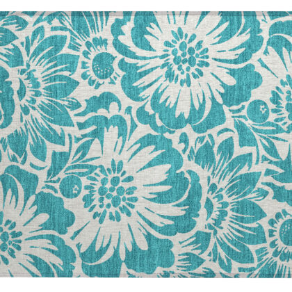 2' X 3' Teal and Ivory Floral Washable Non Skid Indoor Outdoor Area Rug