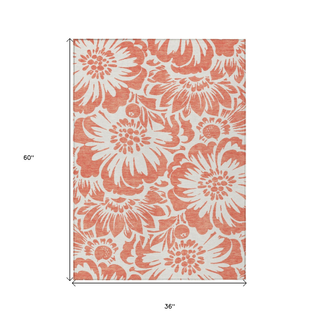 3' X 5' Salmon and Ivory Floral Washable Non Skid Indoor Outdoor Area Rug