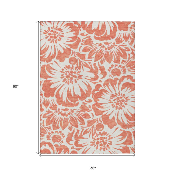 3' X 5' Salmon and Ivory Floral Washable Non Skid Indoor Outdoor Area Rug