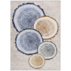 5' X 8' Beige Blue and Gold Faux Bois Washable Non Skid Indoor Outdoor Area Rug