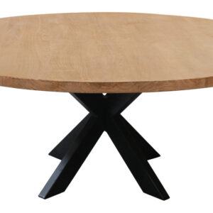 60" Natural And Black Rounded Solid Wood And Iron Pedestal Base Dining Table