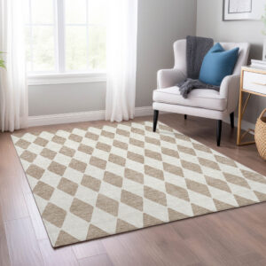 8' X 10' Taupe And Ivory Geometric Washable Indoor Outdoor Area Rug