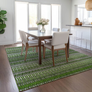 8' X 10' Green And Ivory Striped Washable Indoor Outdoor Area Rug