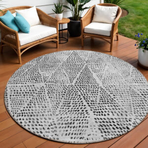 8' Pewter Charcoal And Ivory Round Geometric Washable Indoor Outdoor Area Rug