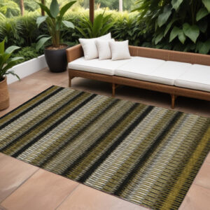 10' X 14' Brown Ivory And Black Striped Washable Indoor Outdoor Area Rug