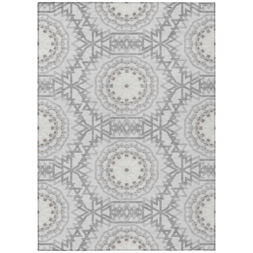 5' X 8' Silver Ivory And Gray Floral Medallion Washable Indoor Outdoor Area Rug