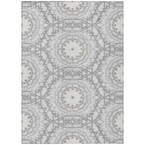 5' X 8' Silver Ivory And Gray Floral Medallion Washable Indoor Outdoor Area Rug