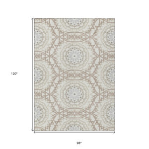 8' X 10' Ivory Beige And Silver Floral Medallion Washable Indoor Outdoor Area Rug