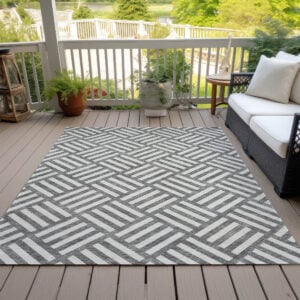 8' X 10' Charcoal And Ivory Geometric Washable Indoor Outdoor Area Rug