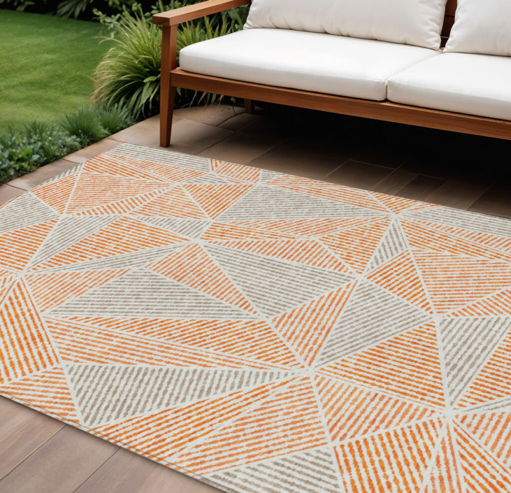 8' X 10' Orange Gray And Silver Geometric Washable Indoor Outdoor Area Rug
