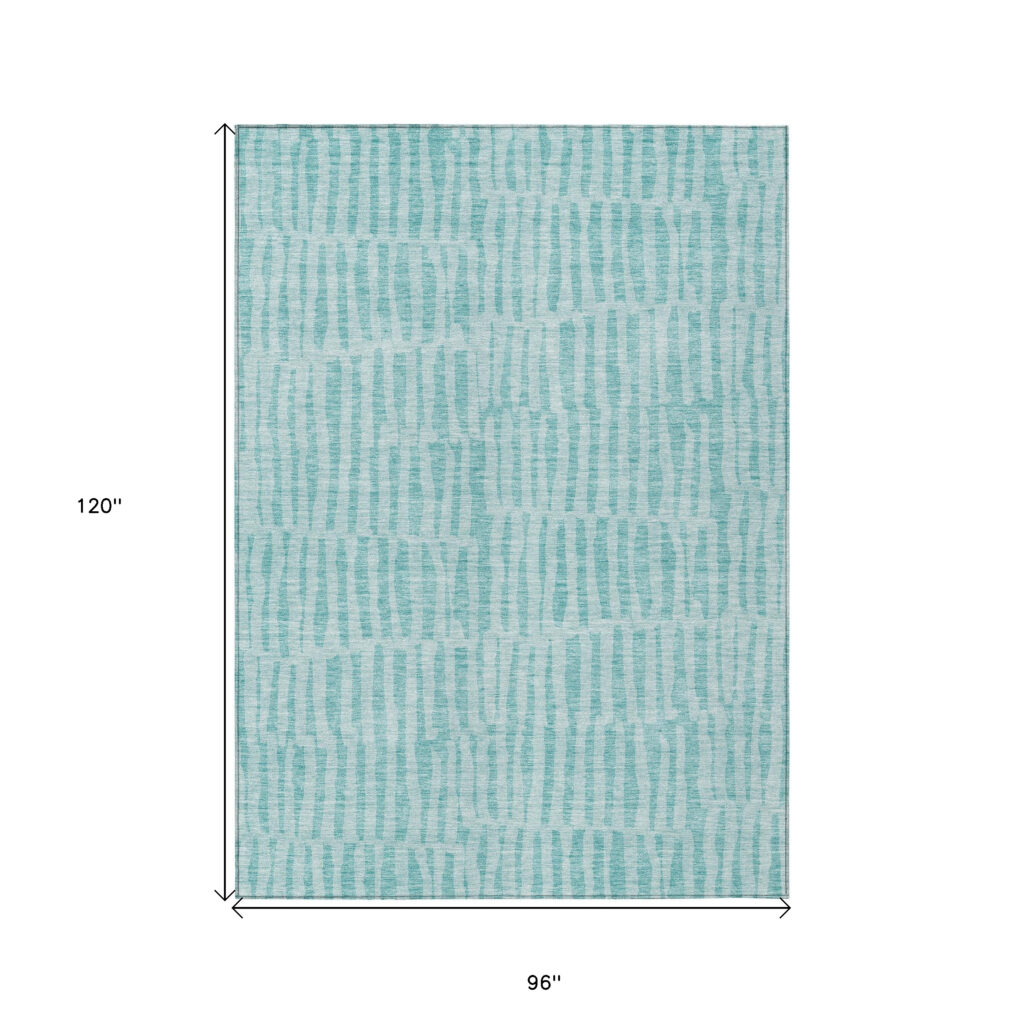 8' X 10' Teal Blue And Aqua Striped Washable Indoor Outdoor Area Rug