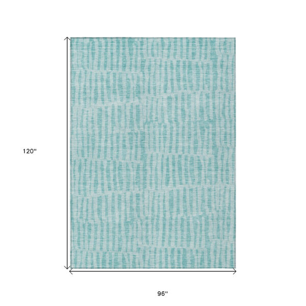 8' X 10' Teal Blue And Aqua Striped Washable Indoor Outdoor Area Rug