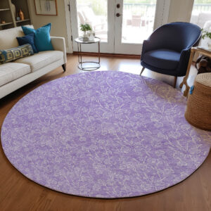 8' Lilac And Ivory Round Floral Washable Indoor Outdoor Area Rug