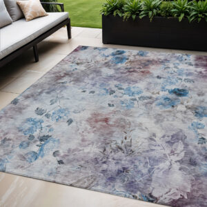 5' X 8' Navy Blue And Sky Blue Floral Washable Indoor Outdoor Area Rug