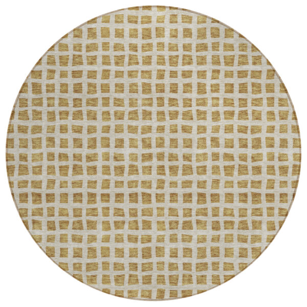 8' Gold And Beige Round Geometric Washable Indoor Outdoor Area Rug