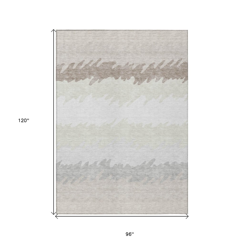 8' X 10' Ivory Beige And Taupe Striped Washable Indoor Outdoor Area Rug