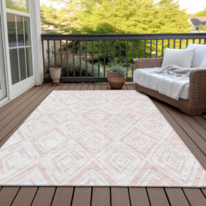 9' X 12' Pink And Ivory Geometric Washable Indoor Outdoor Area Rug