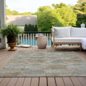 10' X 14' Beige Taupe And Blue Trellis Washable Indoor Outdoor Area Rug