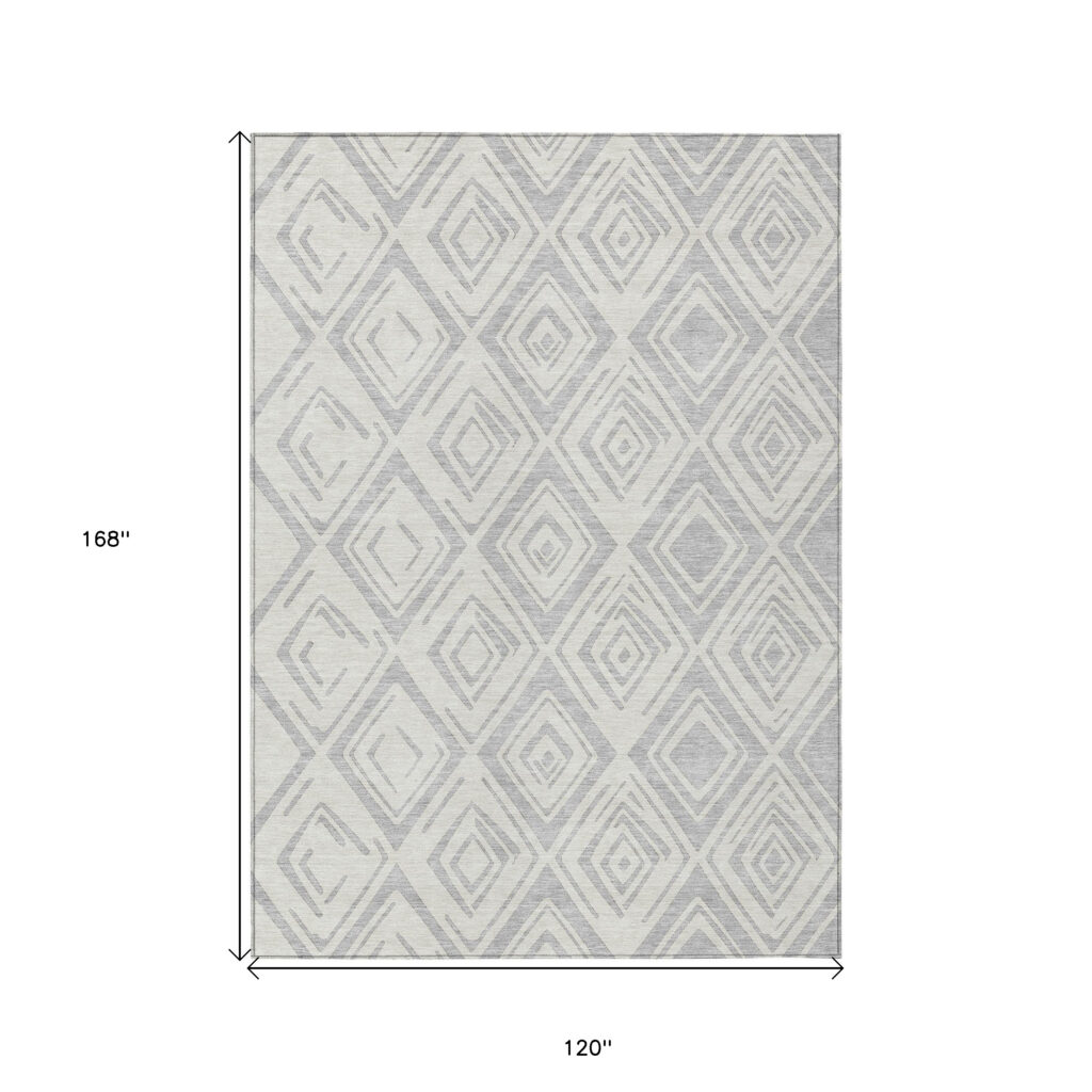10' X 14' Pewter And Ivory Geometric Washable Indoor Outdoor Area Rug