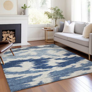 3' X 5' Navy Blue And Denim Blue Abstract Washable Indoor Outdoor Area Rug