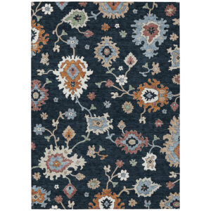 10' X 14' Black Blue And Ivory Floral Washable Indoor Outdoor Area Rug