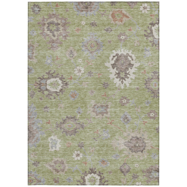 3' X 5' Artichoke Green And Beige Floral Washable Indoor Outdoor Area Rug