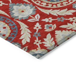 5' X 8' Red Beige And Navy Blue Floral Washable Indoor Outdoor Area Rug