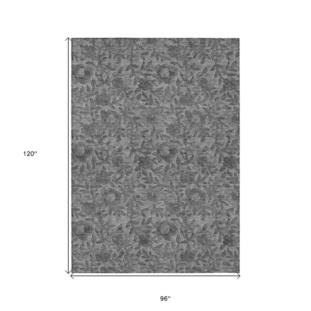 8' X 10' Gray Charcoal And Silver Floral Washable Indoor Outdoor Area Rug