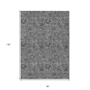 8' X 10' Gray Charcoal And Silver Floral Washable Indoor Outdoor Area Rug