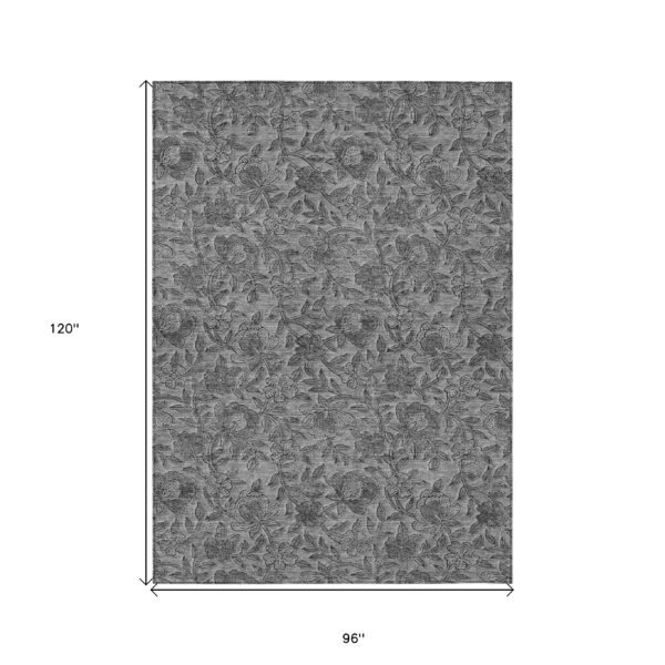 8' X 10' Gray Charcoal And Silver Floral Washable Indoor Outdoor Area Rug