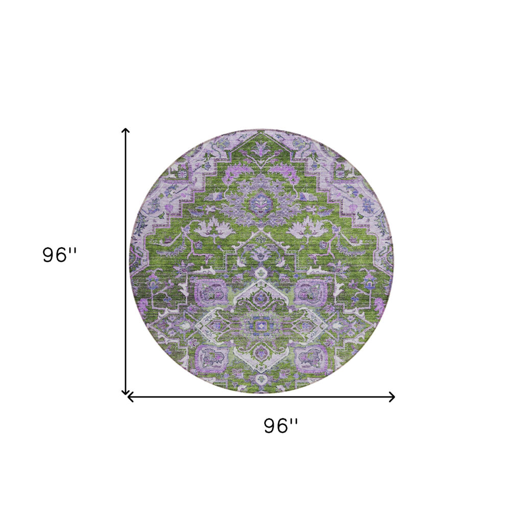 8' Olive Green And Purple Round Oriental Washable Indoor Outdoor Area Rug