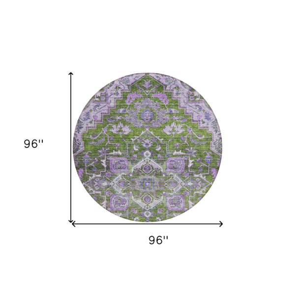 8' Olive Green And Purple Round Oriental Washable Indoor Outdoor Area Rug