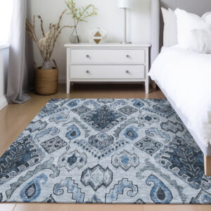 9' X 12' Denim Blue And Sky Blue Moroccan Washable Indoor Outdoor Area Rug