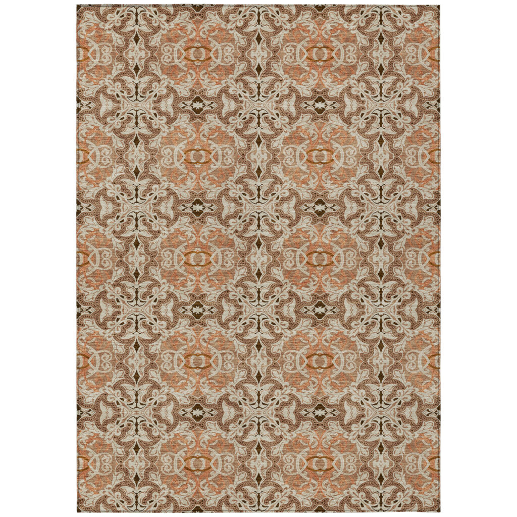 9' X 12' Terra Cotta Copper And Beige Medallion Washable Indoor Outdoor Area Rug