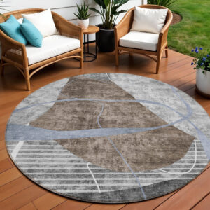 8' Chocolate Gray And Charcoal Round Abstract Washable Indoor Outdoor Area Rug