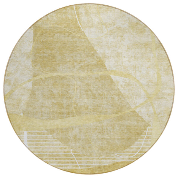 8' Wheat Gold And Ivory Round Abstract Washable Indoor Outdoor Area Rug