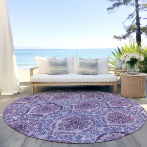 8' Eggplant Purple And Silver Round Medallion Washable Indoor Outdoor Area Rug