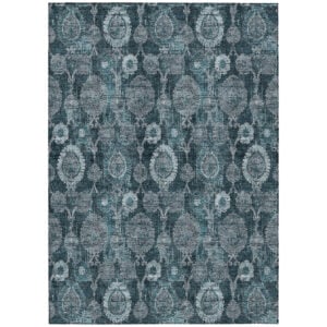 10' X 14' Teal Blue And Sky Blue Damask Washable Indoor Outdoor Area Rug