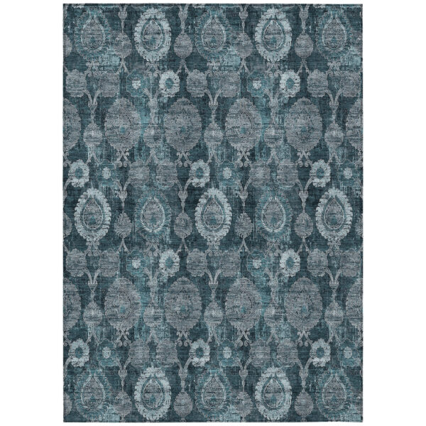 10' X 14' Teal Blue And Sky Blue Damask Washable Indoor Outdoor Area Rug