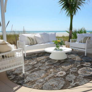 8' Brown And Beige Round Damask Washable Indoor Outdoor Area Rug