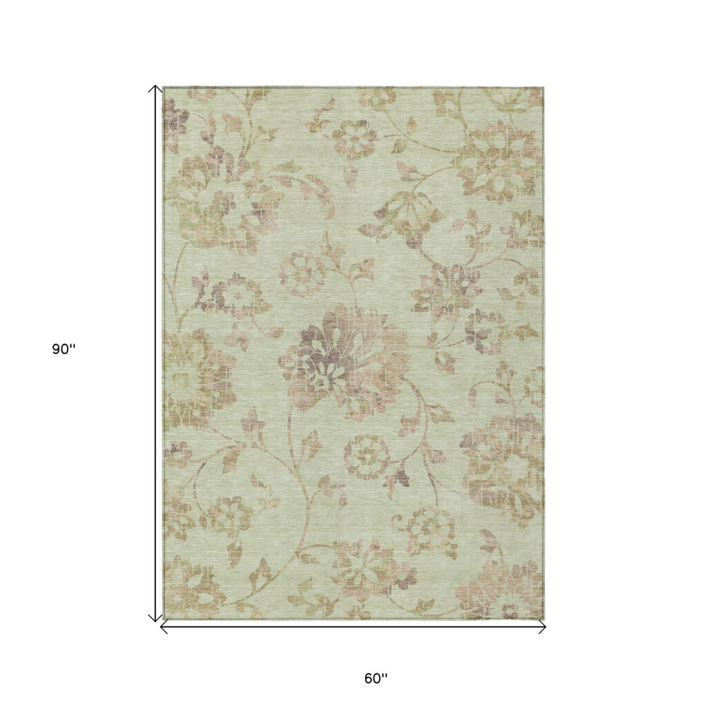 5' X 8' Artichoke Green Mint Green And Taupe Floral Washable Indoor Outdoor Area Rug